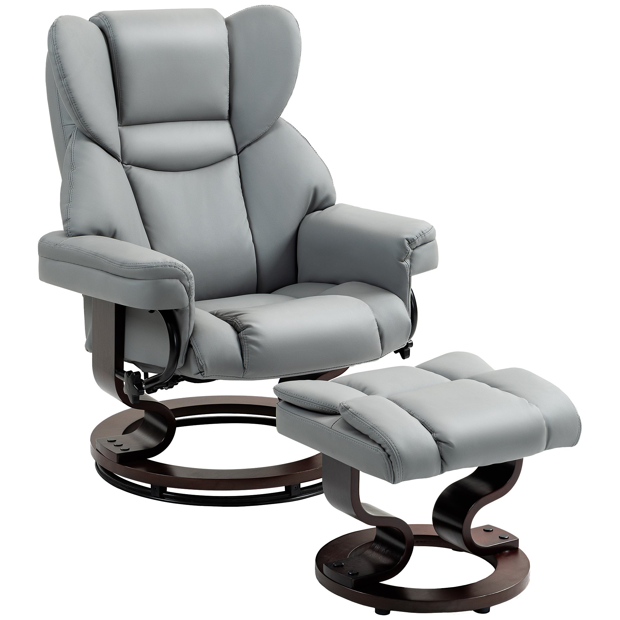 HOMCOM 360° Swivel Recliner Chair with Footstool, PU Leather Manual Recliner Armchair with Solid Wood Base, Upholstered Reclining Chair for Living Room, Bedroom, Office, Light Grey